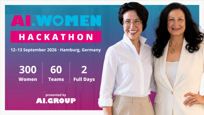 The AI.WOMEN Hackathon comes to Hamburg on 12–13 September 2026: two days for up to 300 women to build with AI, supported by female