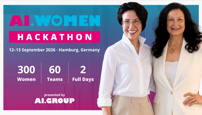 The AI.WOMEN Hackathon comes to Hamburg on 12–13 September 2026: two days for up to 300 women to build with AI, supported by female